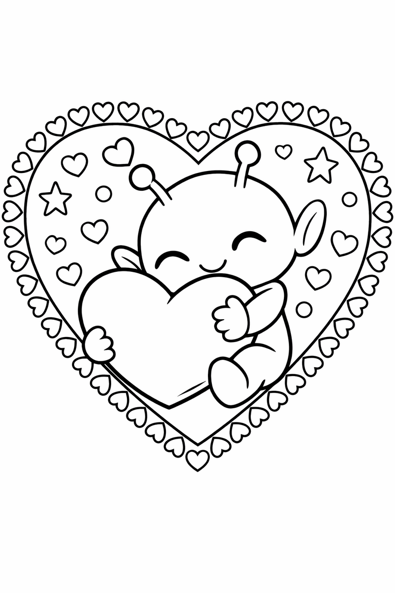 The blue alien hugging a big puffy heart inside a decorated heart-shaped frame edged all around with tiny hearts coloring page