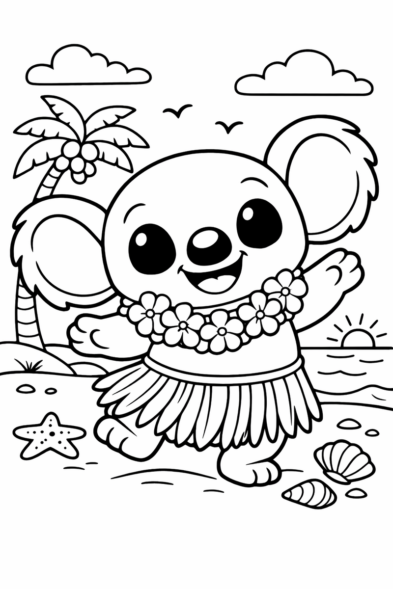 Dibujo de un alien azul estilo Stitch bailando hula con un collar de flores para colorear