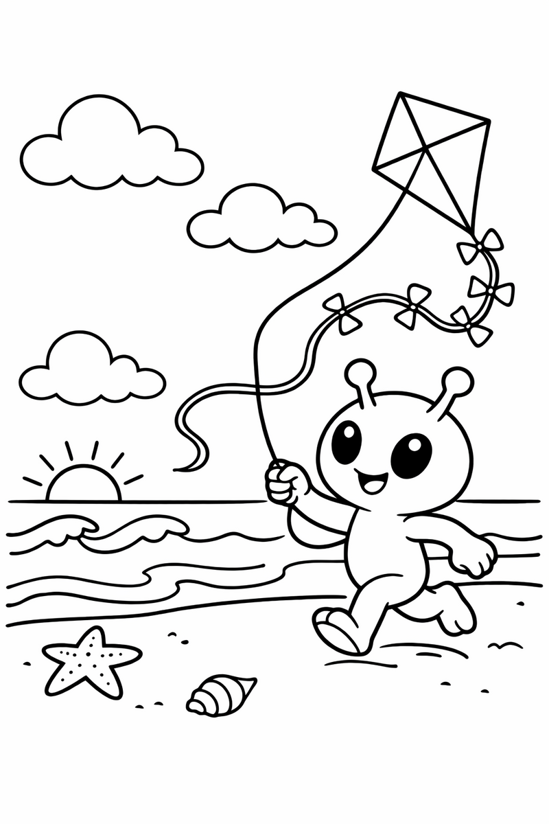 The blue alien running along the beach flying a diamond kite with a long looping tail against fluffy clouds coloring page