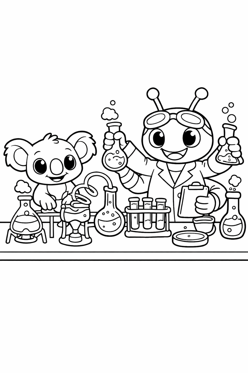 A small blue koala-like alien and a four-armed scientist at a lab bench crowded with bubbling beakers and curling test tubes, coloring page