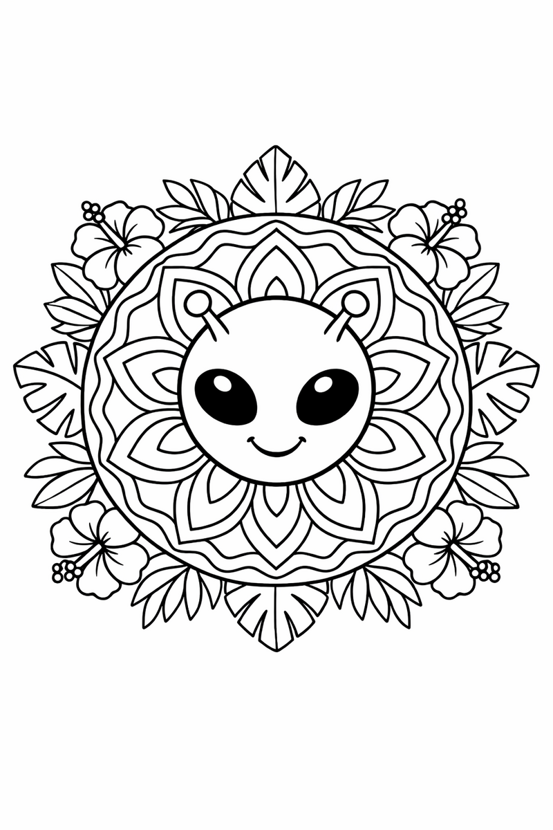 The blue alien smiling face at the center of a round mandala ringed with symmetrical petals, waves and tropical leaves coloring page
