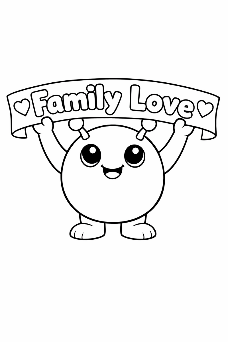 A round blue alien holding up a wide banner that reads Family Love in cheerful rounded block letters, coloring page