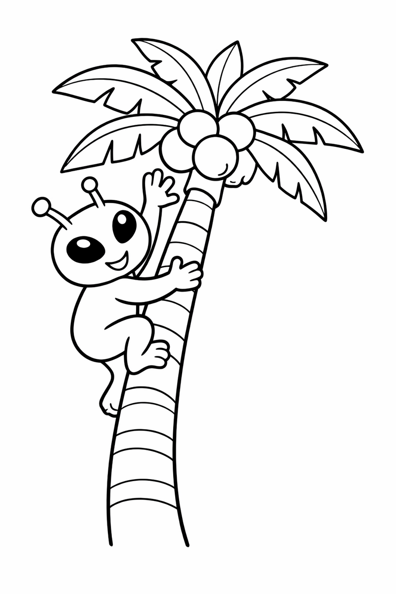 The blue alien clinging halfway up a curved palm tree reaching for a cluster of coconuts near the leafy top coloring page