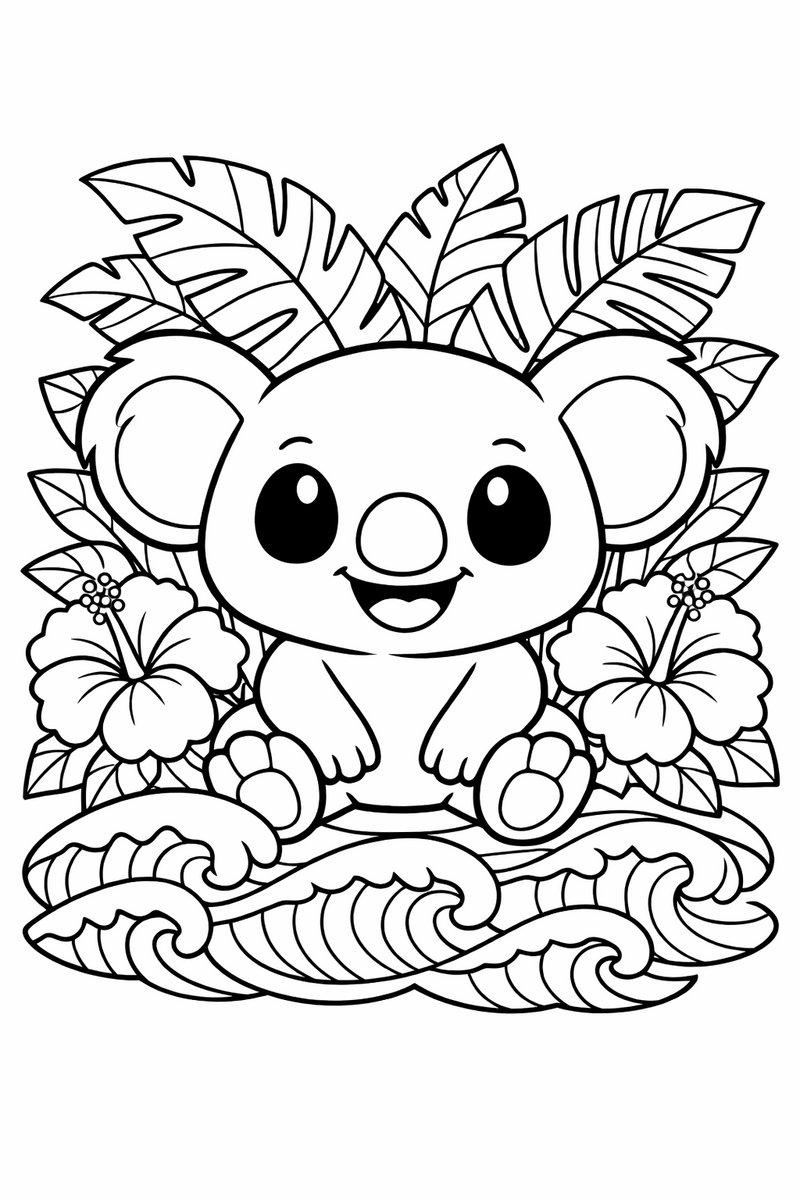 Dibujo detallado de un alien azul estilo Stitch entre hojas tropicales con patrones para colorear