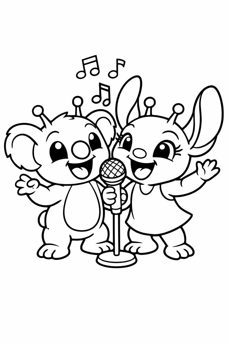 A blue koala-like alien and a pink alien with big floppy ears singing together into one microphone with music notes floating up, coloring page