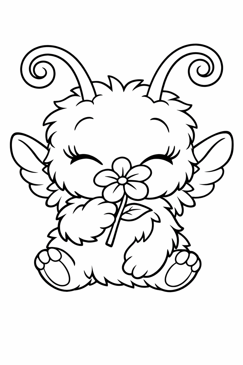 A fluffy pink alien named Angel with long curled antennae holding a single tropical flower up to her nose coloring page