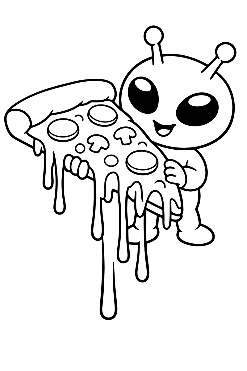 The blue alien holding an enormous cheesy pizza slice with long strings of melted cheese stretching down coloring page