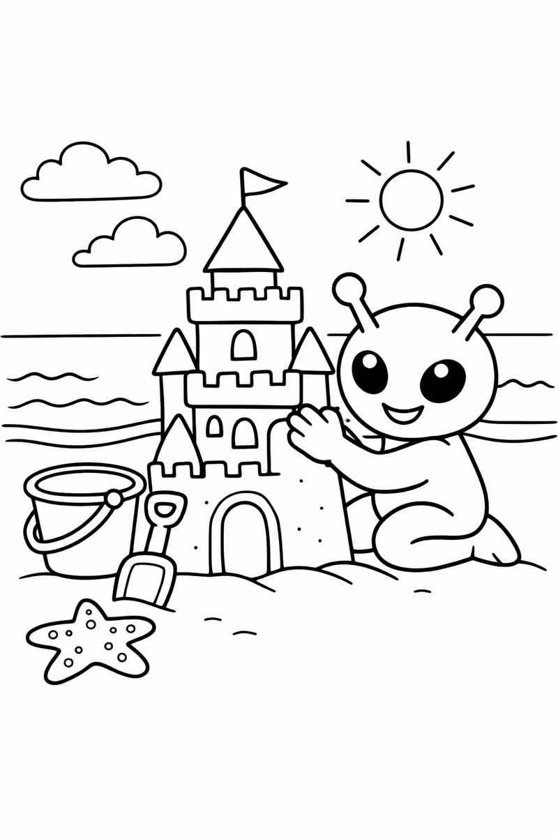 The blue alien patting a tall sandcastle into shape with a bucket and shovel beside a starfish on the beach coloring page