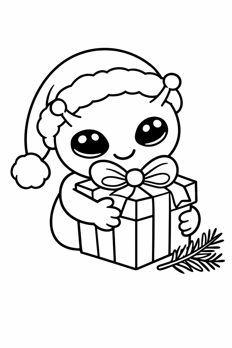 The blue alien wearing a floppy santa hat and hugging a wrapped present topped with a bow beside a small pine sprig coloring page