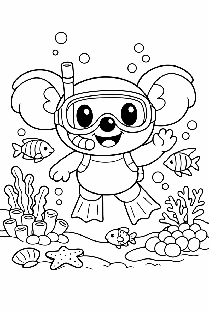 Dibujo de un alien azul estilo Stitch buceando entre peces tropicales para colorear
