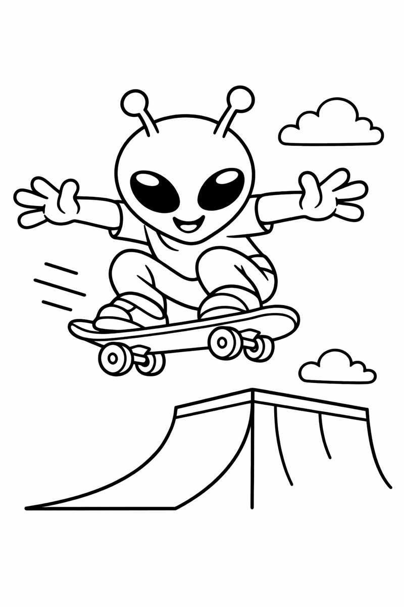 The blue alien crouched low on a skateboard mid-jump off a ramp with both arms flung out for balance coloring page