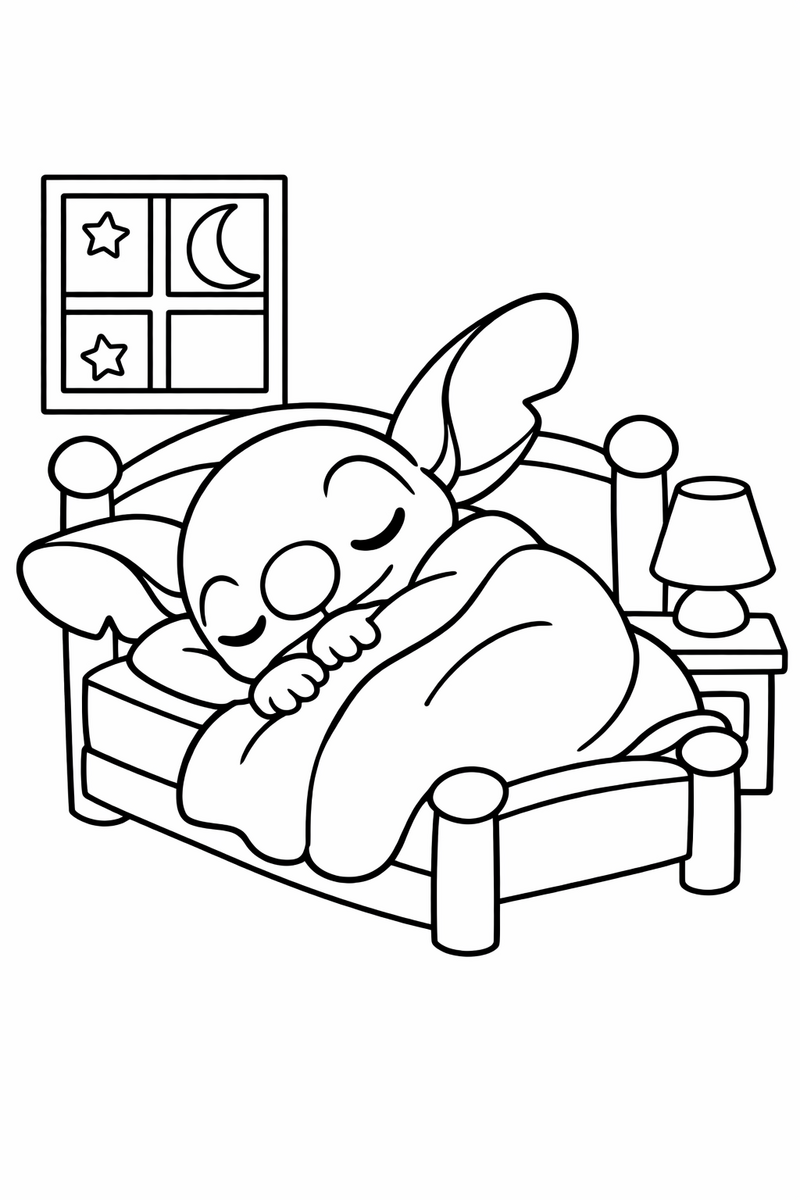 The big-eared blue alien curled up fast asleep under a cozy blanket in a small bed with a crescent moon in the window coloring page
