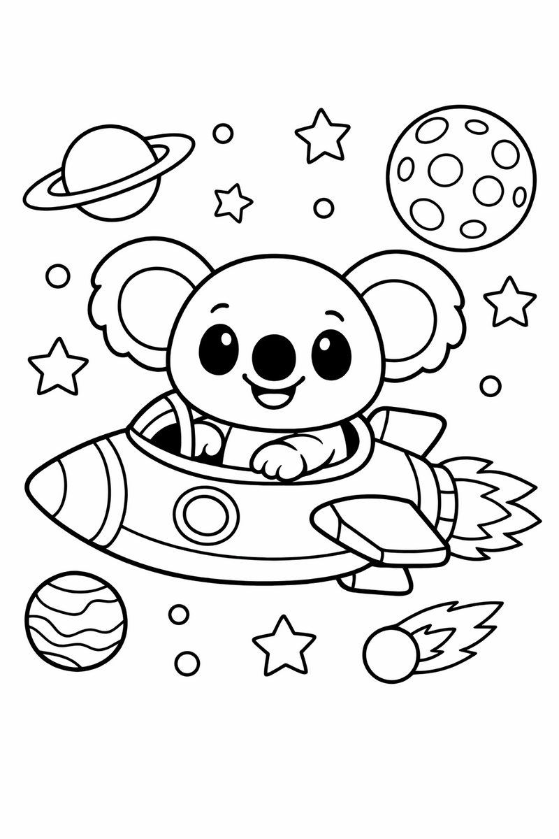 Dibujo de un alien azul estilo Stitch pilotando un cohete entre planetas para colorear