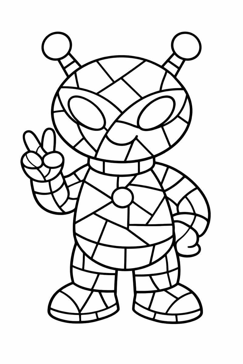 The blue alien built entirely from bold outlined stained glass shards fitted together like a mosaic window coloring page