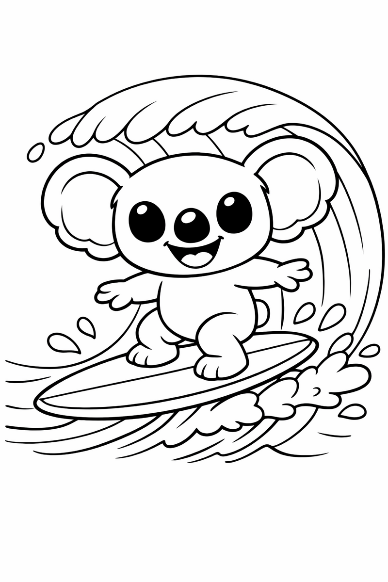 Dibujo de un alien azul estilo Stitch surfeando una gran ola para colorear