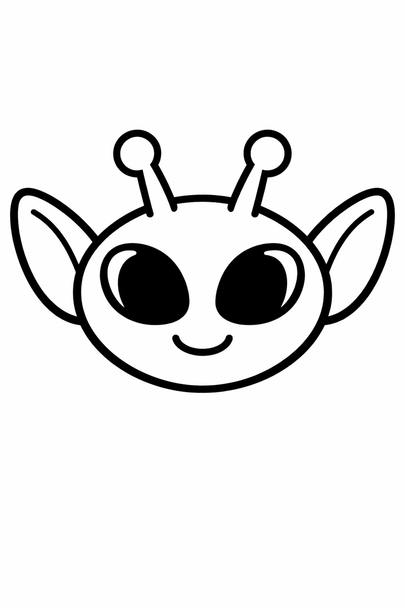 A very simple big-eared blue alien face drawn with extra thick bold lines and only a few large areas for toddlers coloring page