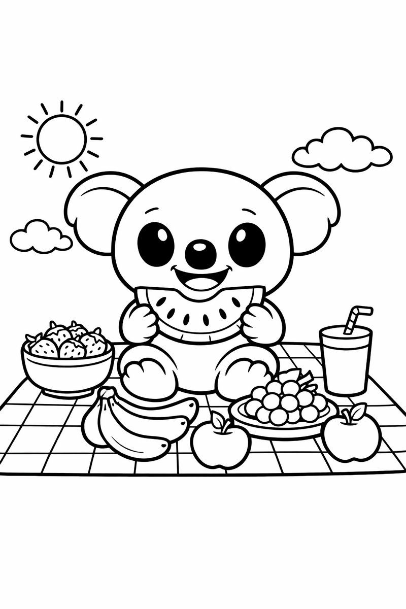 Dibujo de un alien azul estilo Stitch comiendo sandía en un picnic para colorear