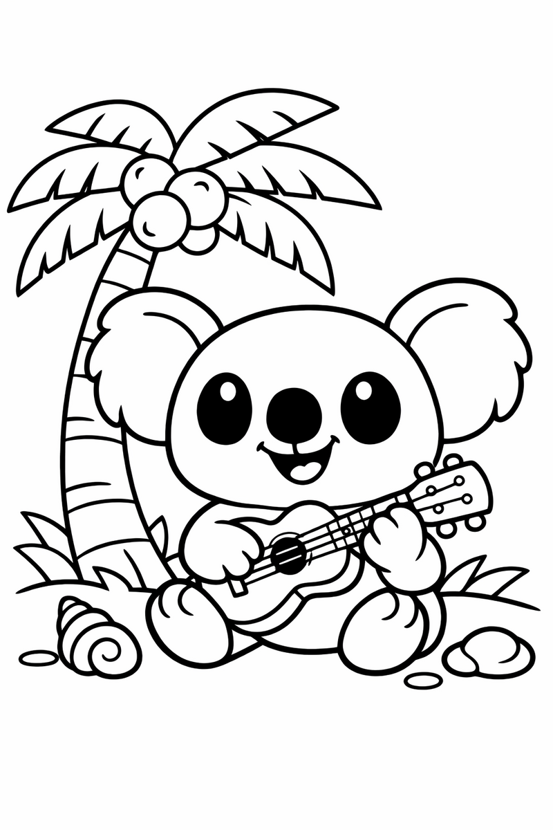 Dibujo de un alien azul estilo Stitch tocando el ukelele bajo una palmera para colorear