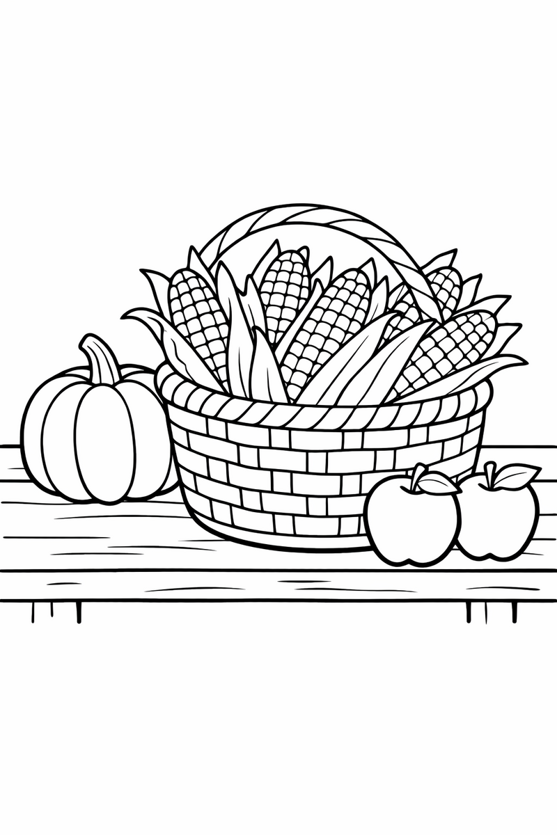Dibujo de una canasta de granja llena de mazorcas con sus hojas, junto a una calabaza y manzanas sobre una mesa de madera, para colorear