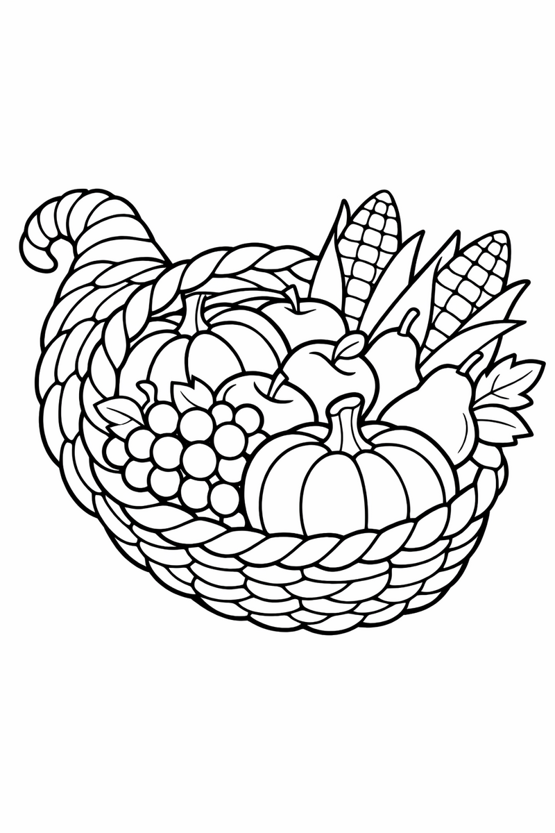 Dibujo de un cuerno de la abundancia tejido rebosante de calabazas, manzanas, uvas, peras y mazorcas, para colorear