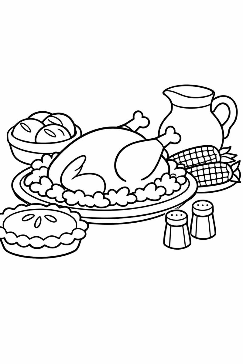 Dibujo de una mesa de fiesta con pavo asado en su bandeja, un pay, panecillos, mazorcas y una jarra, para colorear