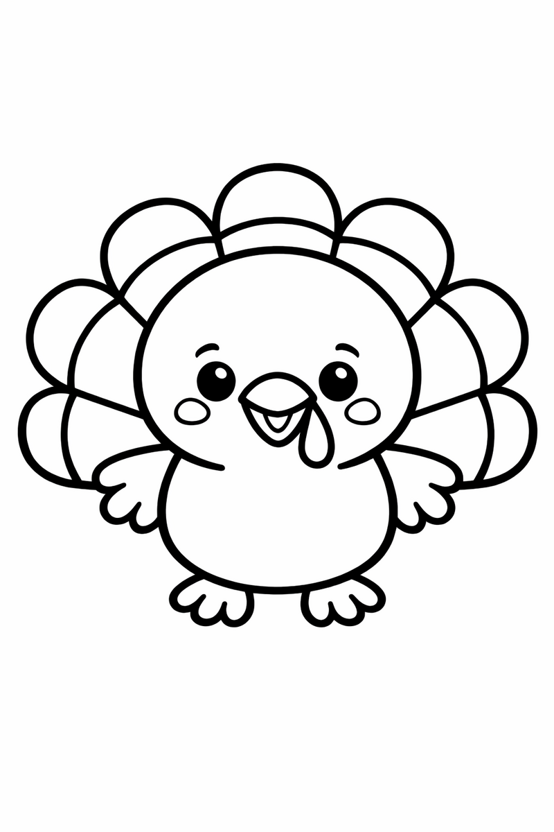 Dibujo muy fácil de un pavito redondo con plumas grandes y carita feliz, con líneas extra gruesas, para los más pequeños