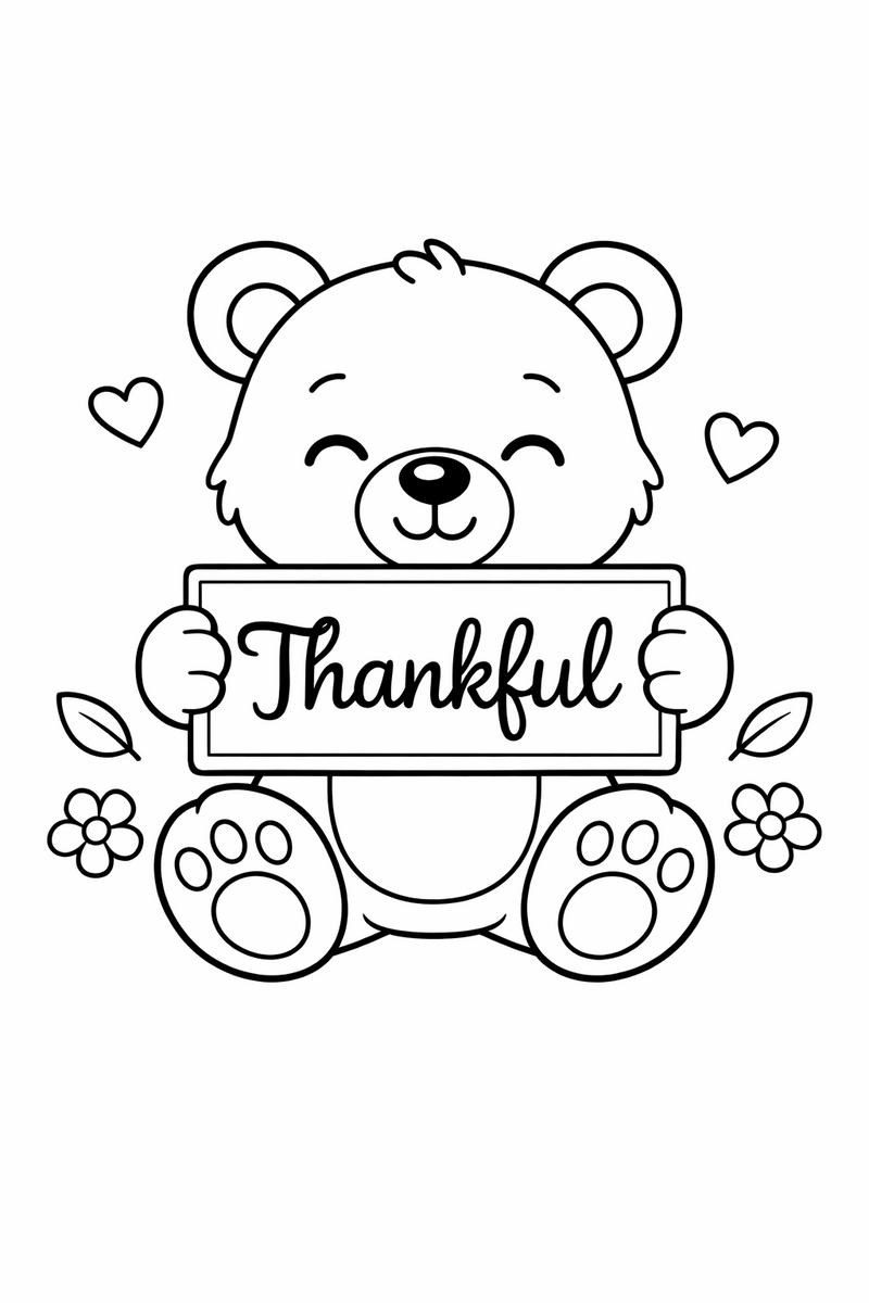 Grateful Bear with a Thankful Sign coloring page