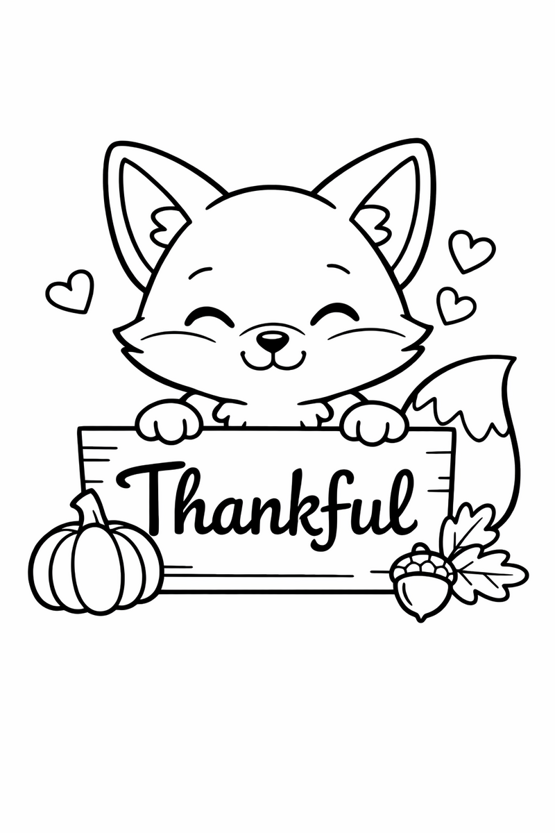 Grateful Fox with a Thankful Sign coloring page