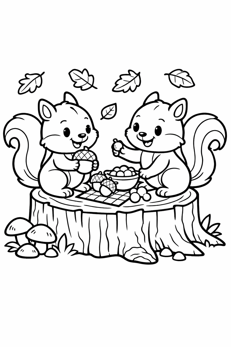 Dibujo de dos ardillas felices compartiendo un picnic de bellotas y frutitas sobre un tronco, con hojas cayendo alrededor, para colorear