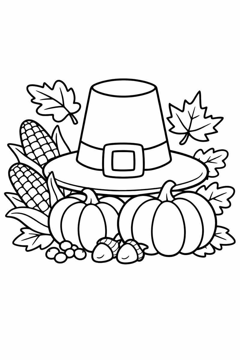 Dibujo de un sombrero de peregrino con hebilla cuadrada apoyado en calabazas, junto a mazorcas y hojas de otoño, para colorear