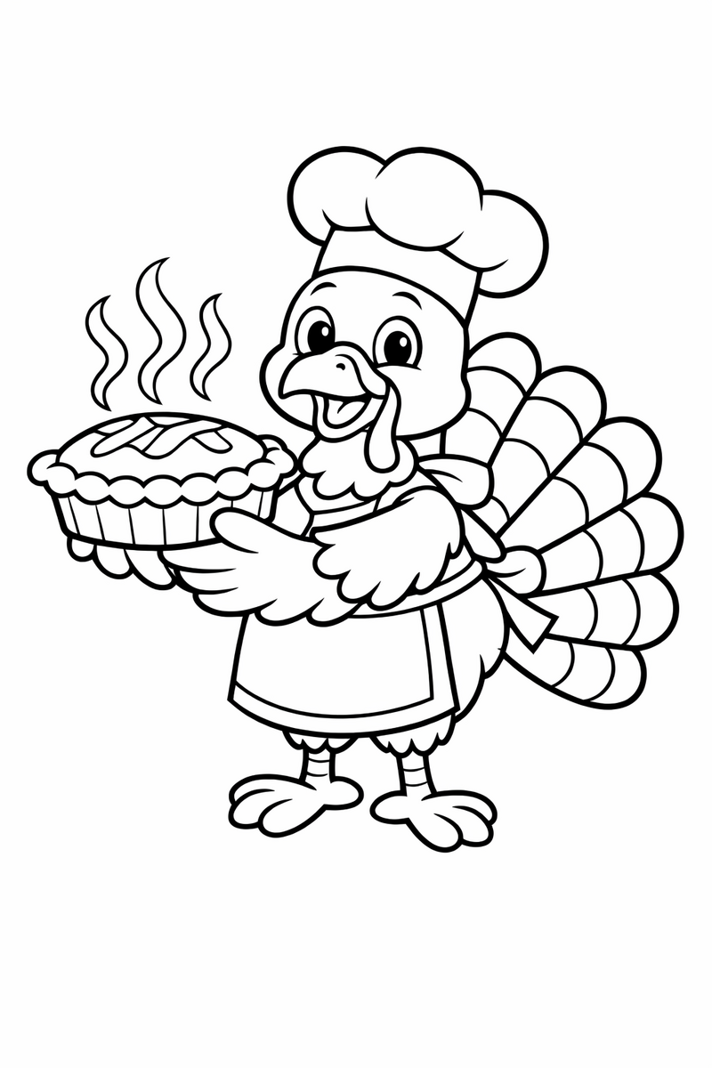 Dibujo de un pavo con gorro de chef y delantal, sosteniendo orgulloso un pay recién hecho con volutas de vapor, para colorear
