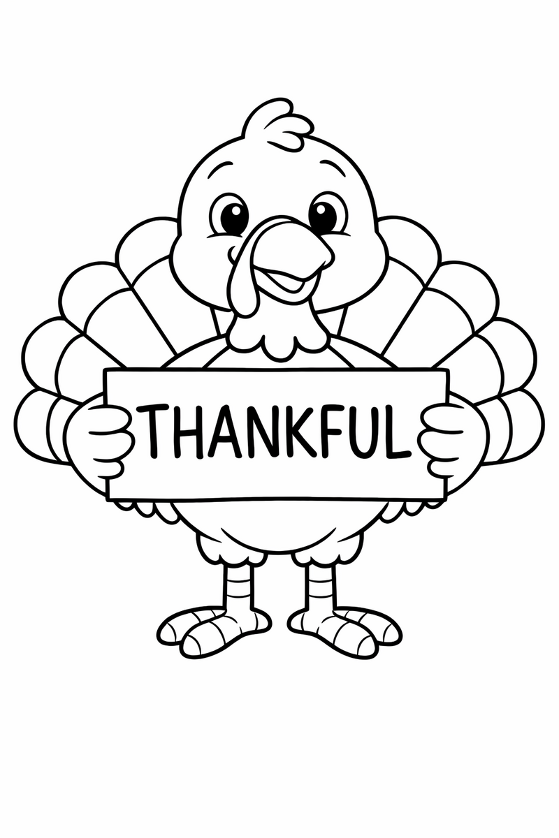 Turkey Holding a Thankful Sign coloring page