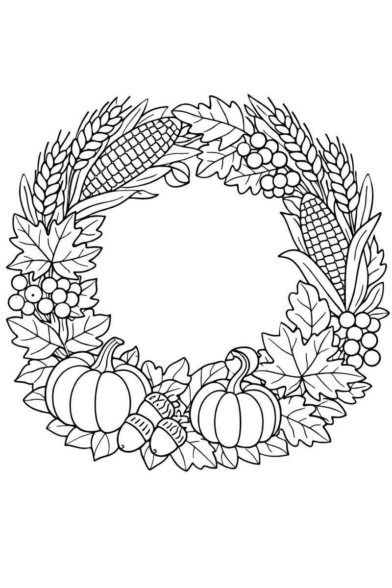 Dibujo de una corona de cosecha detallada con espigas de trigo, mazorcas, calabazas pequeñas, bayas y hojas de otoño, para coloristas mayores
