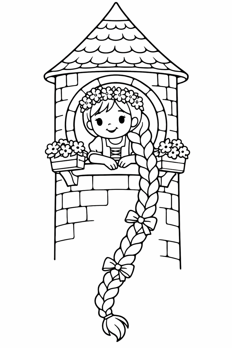 Rapunzel en la ventana de la torre, dibujo para colorear