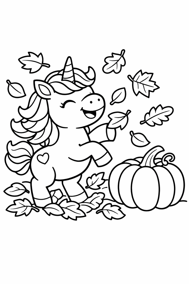 Dibujo de un unicornio jugando entre hojas de otoño junto a una calabaza para colorear