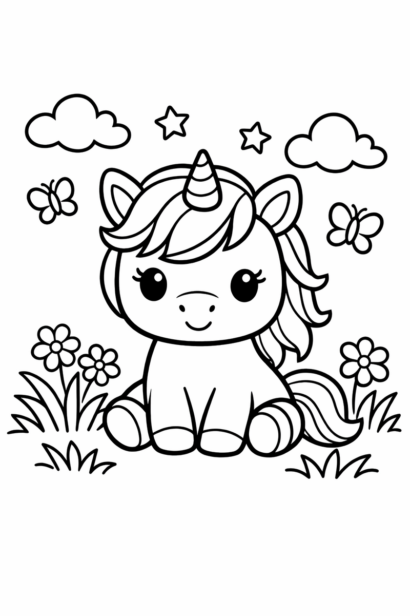 Dibujo de un tierno bebé unicornio con un cuernito sentado en la hierba para colorear