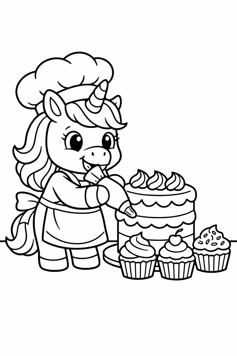 A cheerful unicorn in a chef hat and apron piping frosting onto a tall layer cake with cupcakes nearby coloring page