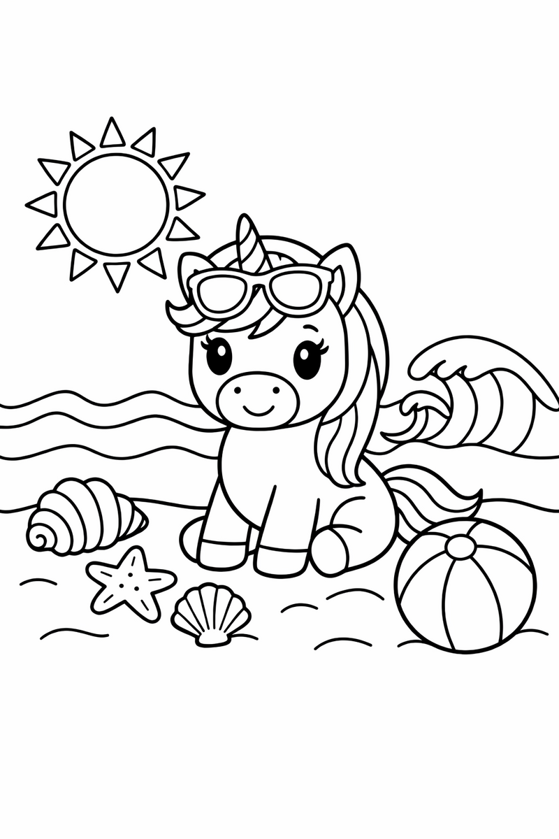 Dibujo de un unicornio en la playa con sol, olas, conchas y una pelota para colorear