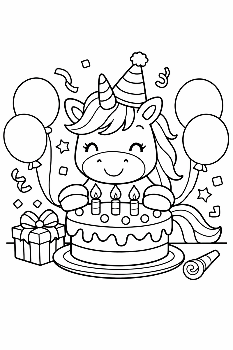 Dibujo de un unicornio de cumpleaños con tarta, globos y gorro de fiesta para colorear