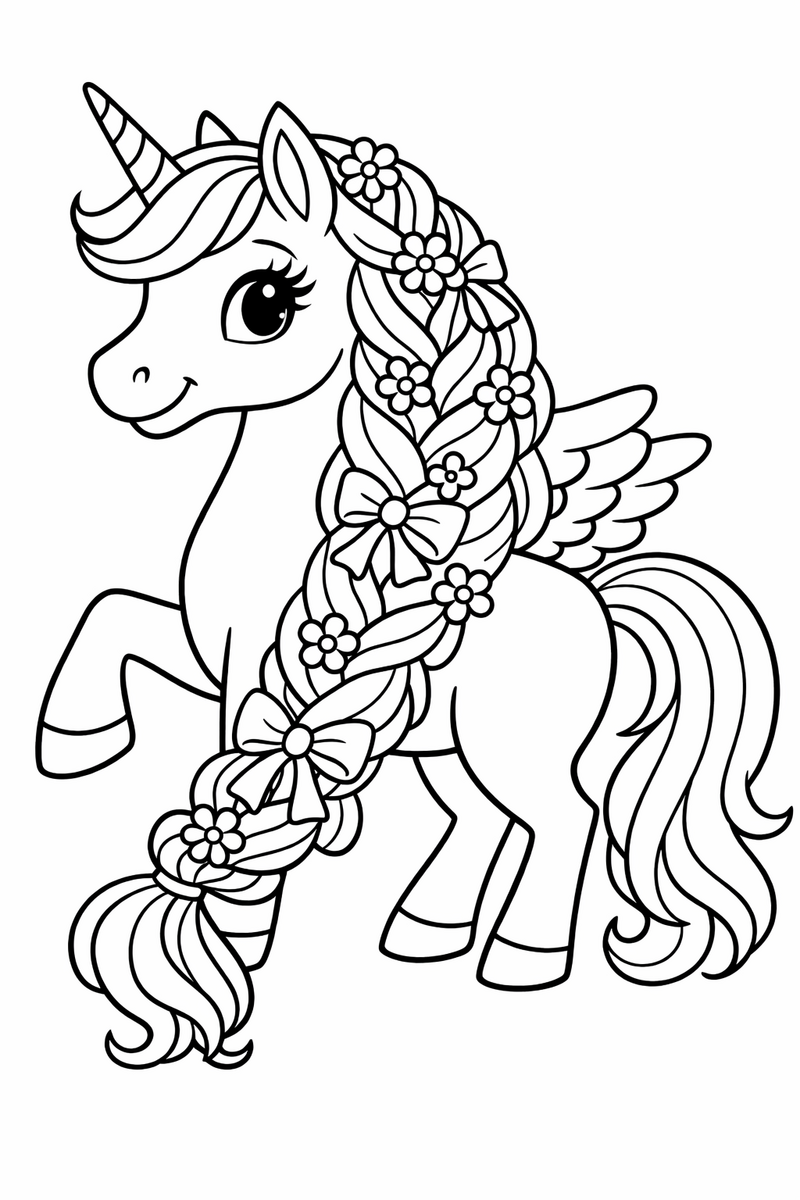 A pretty unicorn showing off a long braided mane woven with tiny flowers and ribbons down its neck coloring page