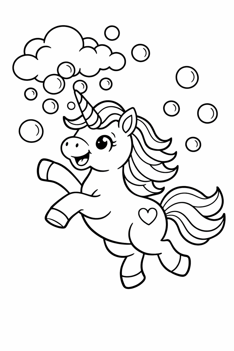 A joyful unicorn leaping after a cloud of floating soap bubbles and catching one on its horn coloring page