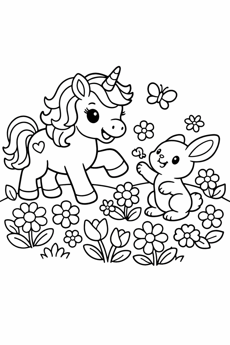 Dibujo de un unicornio y un conejito amigo jugando entre flores para colorear