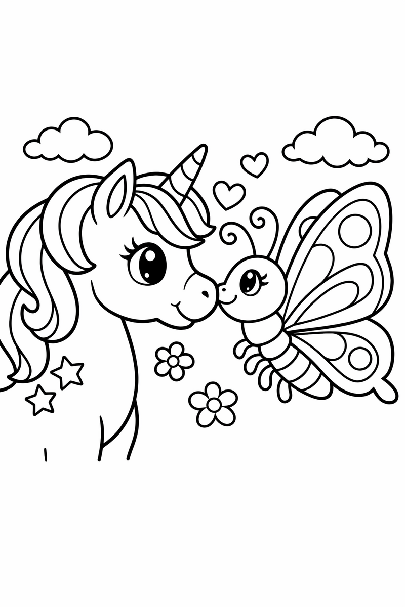 Dibujo de un unicornio cara a cara con una gran mariposa amistosa para colorear