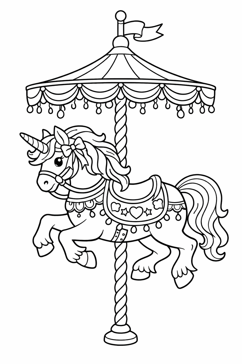 An ornate carousel unicorn on a swirled pole with a decorated saddle, ribboned bridle and a scalloped canopy coloring page