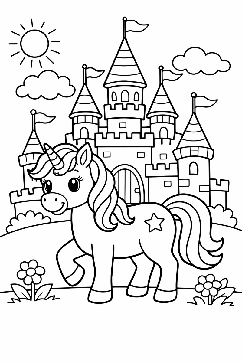 Dibujo de un unicornio frente a un castillo de cuento con banderas y torres para colorear