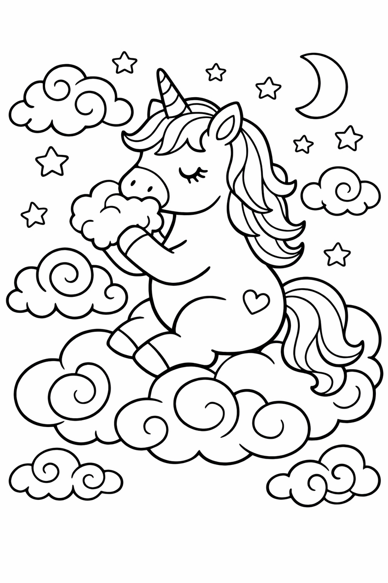 A dreamy unicorn floating among fluffy swirled clouds that look like cotton candy and nibbling one coloring page