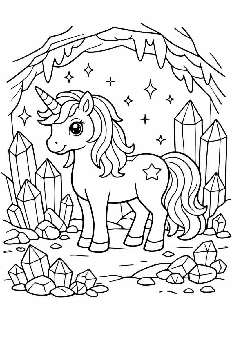 A calm unicorn standing inside a sparkling cave ringed with tall pointed crystals and gems coloring page