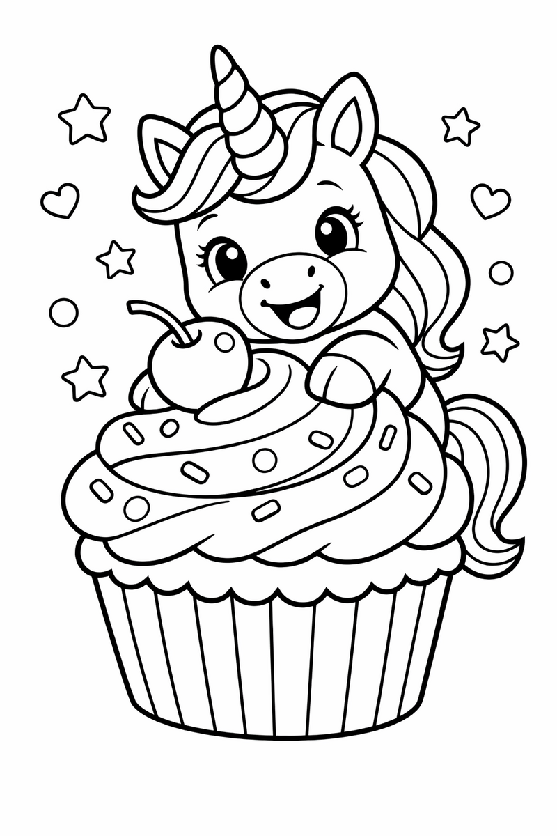 A happy unicorn leaning over a giant frosted cupcake topped with a cherry and a swirl of icing coloring page