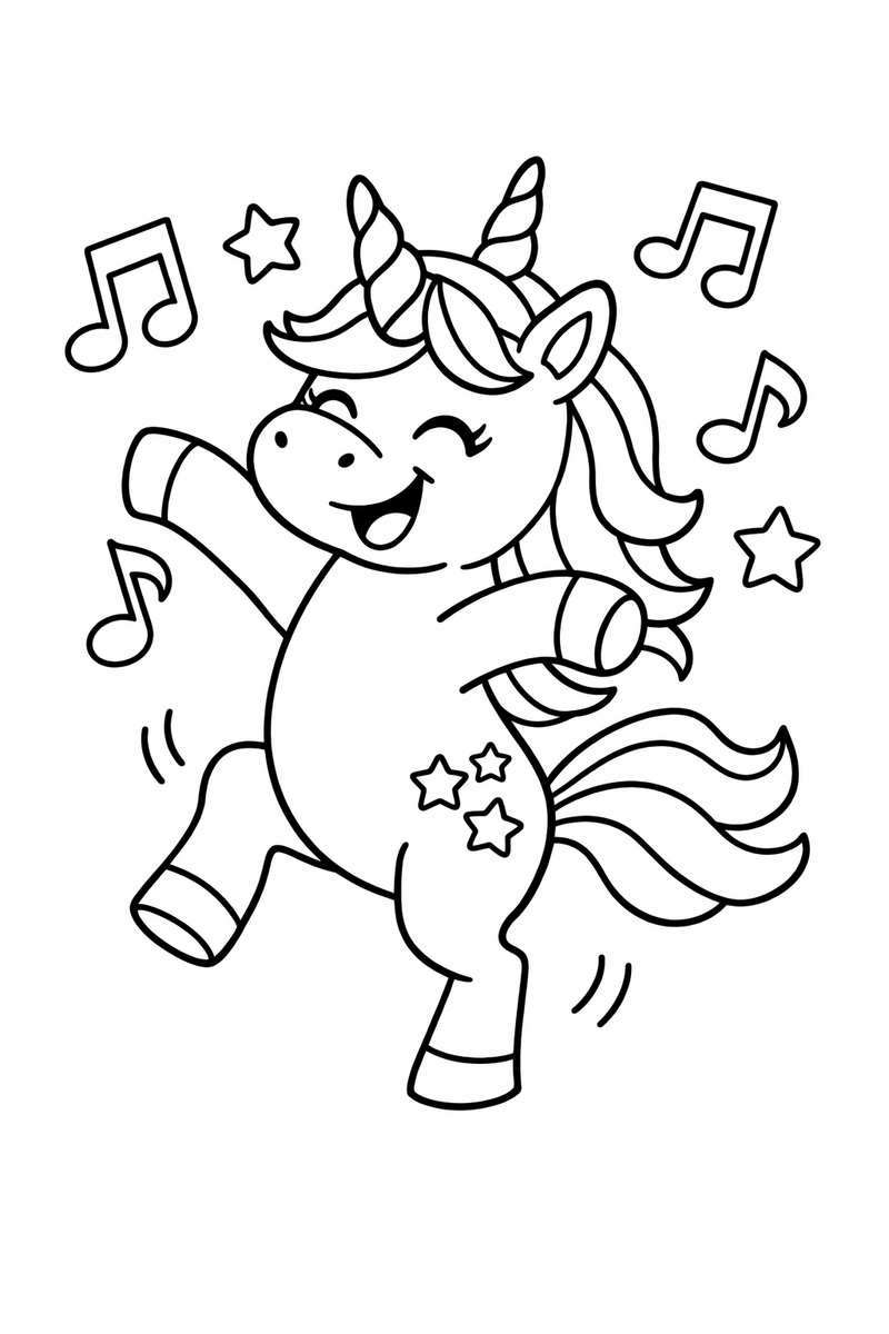 Dibujo de un unicornio feliz bailando sobre sus patas traseras con notas musicales para colorear