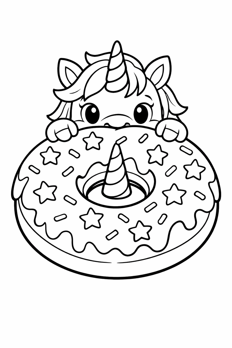 A hungry little unicorn peeking over a frosted donut sprinkled with stars, horn poking through the hole coloring page